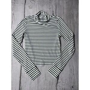American Eagle‎ Womens Olive Green White Striped Waffle Knit Turtleneck Top M